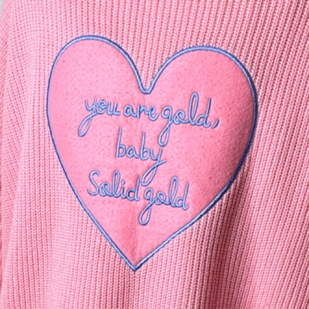 Lazy Oaf Pink Noir Pink Heart-Back Knit Sweater with Blue Trim l/xl OSoversized